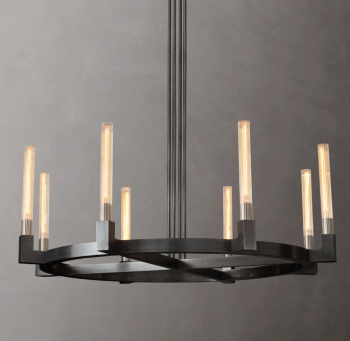 Ribbed Glass Brass Halo Chandelier