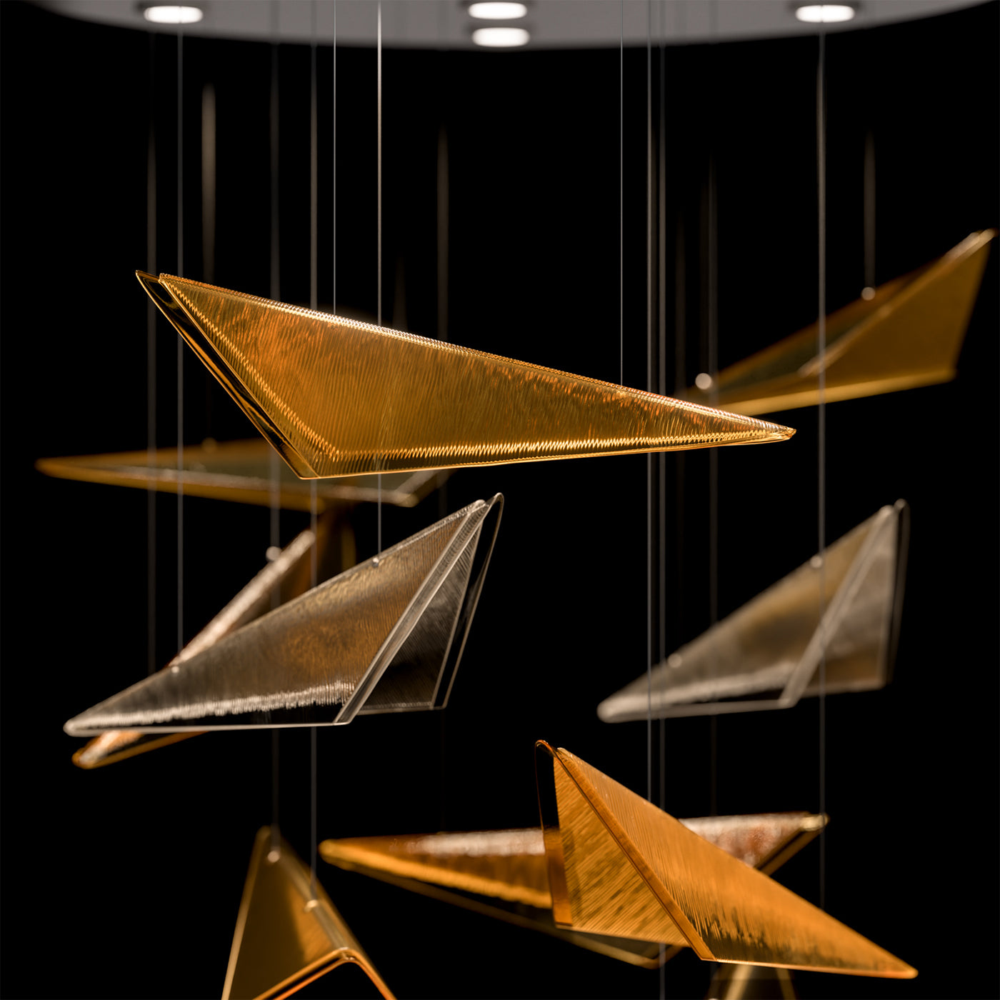 36-Inch Textured Glass Round Pendant Light / Soft Gold / Smoke Linear