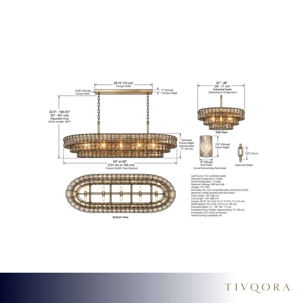 Curved Glass Oval Brass Chandelier