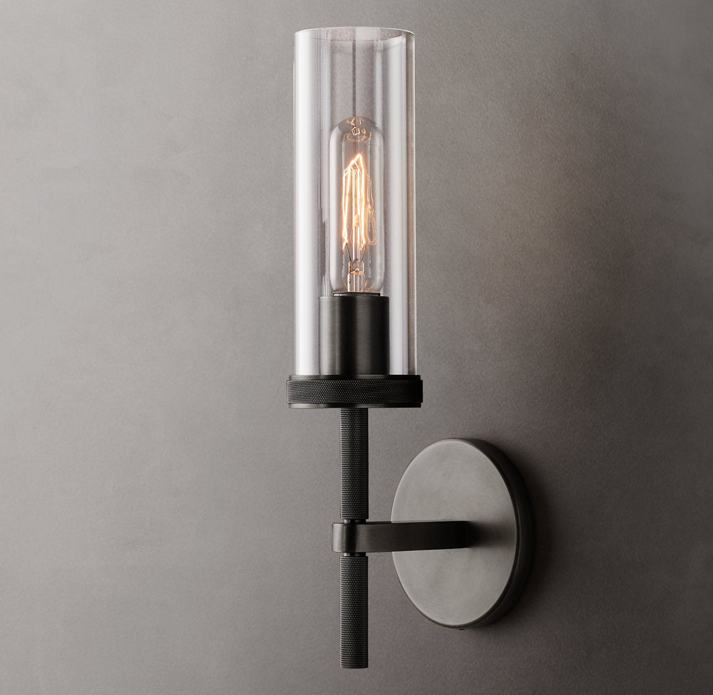 Knurled Brass Crystal Column Sconce