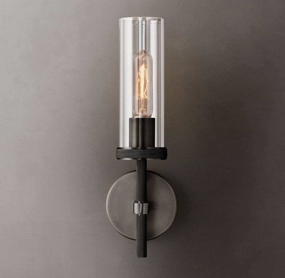 Knurled Brass Crystal Column Sconce