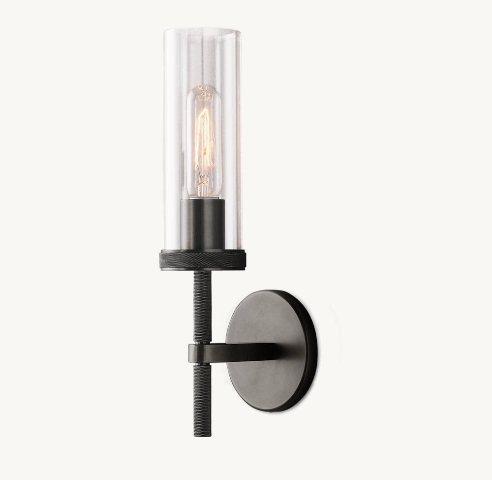 Knurled Brass Crystal Column Sconce