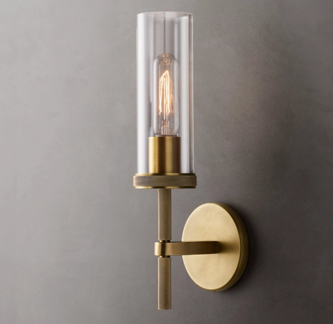 Knurled Brass Crystal Column Sconce