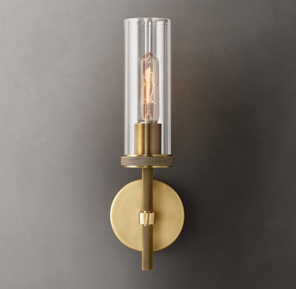 Knurled Brass Crystal Column Sconce