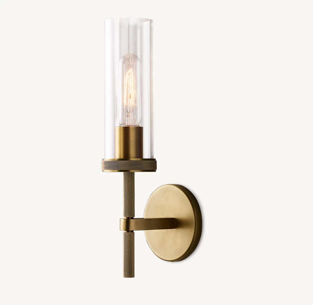 Knurled Brass Crystal Column Sconce