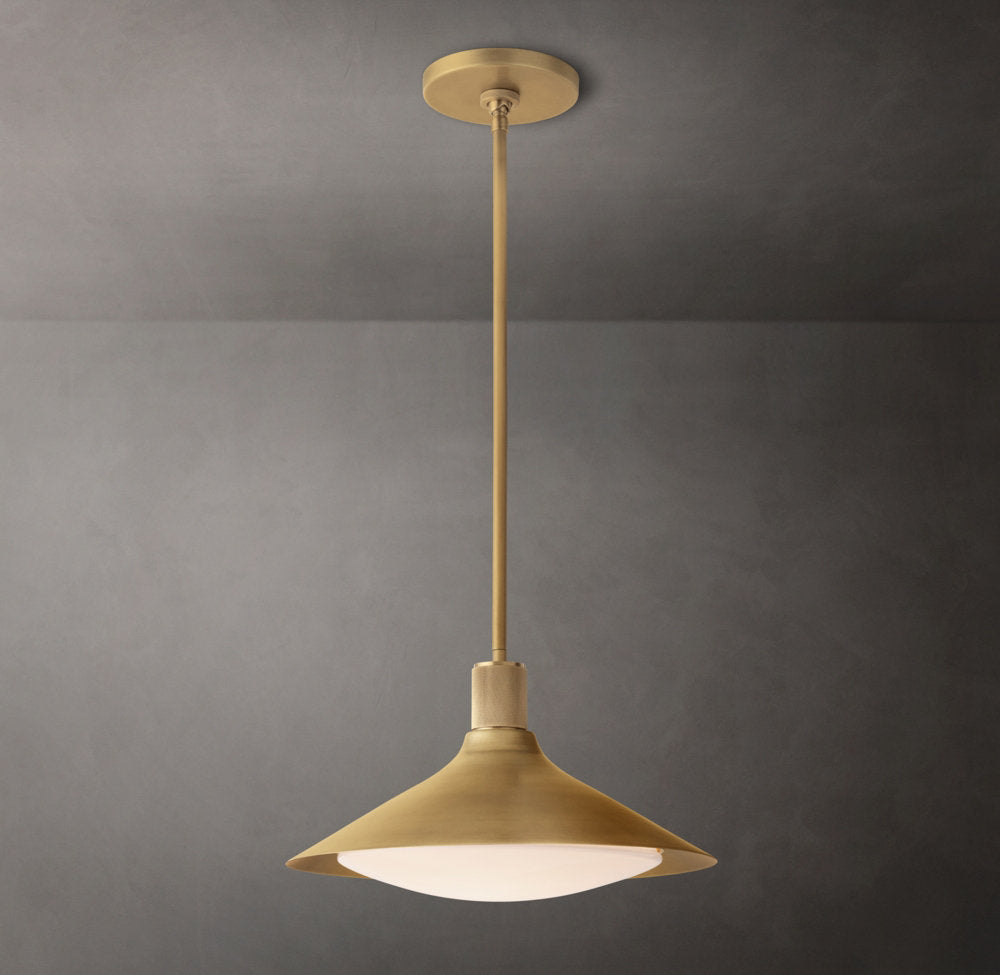 Knurled Brass Milk Glass Cone Pendant