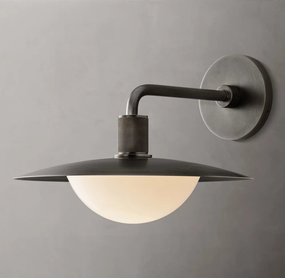 Knurled Brass Milk Glass Dome Sconce