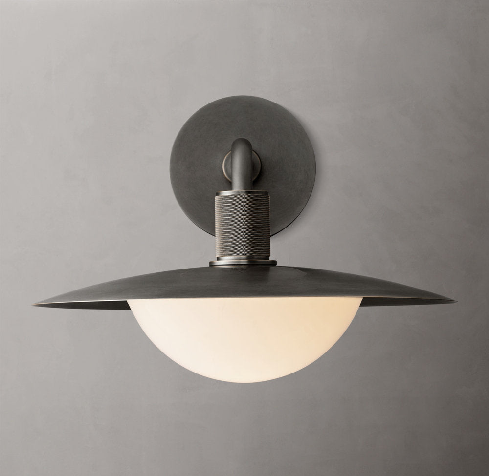 Knurled Brass Milk Glass Dome Sconce