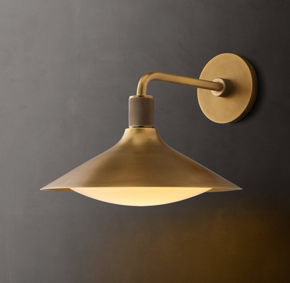 Knurled Brass Tapered Milk Glass Sconce