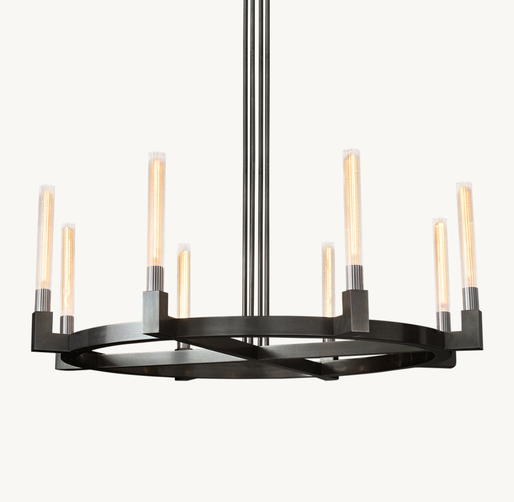 Ribbed Glass Brass Halo Chandelier