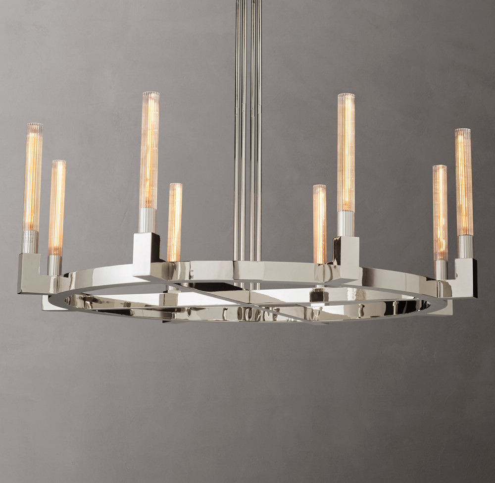 Ribbed Glass Brass Halo Chandelier