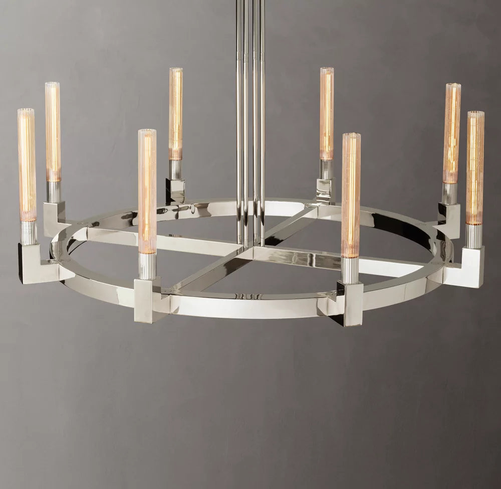 Ribbed Glass Brass Halo Chandelier