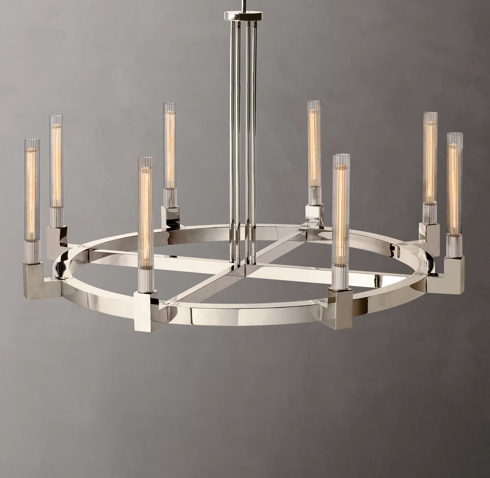 Ribbed Glass Brass Halo Chandelier
