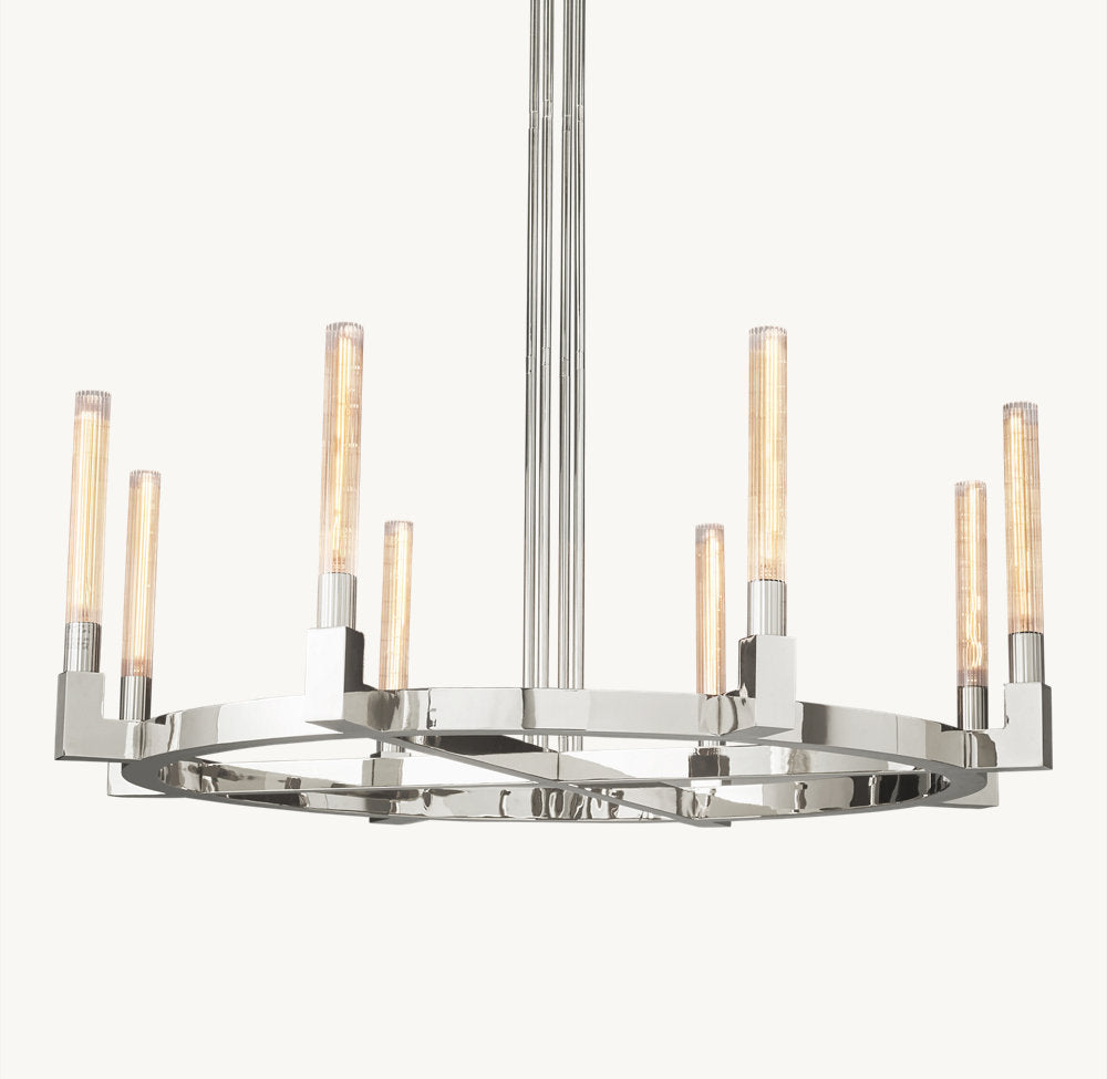Ribbed Glass Brass Halo Chandelier