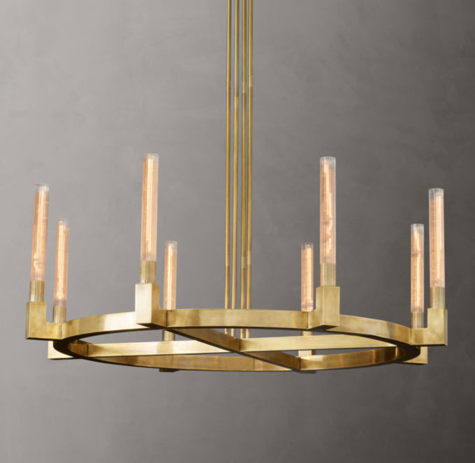 Ribbed Glass Brass Halo Chandelier