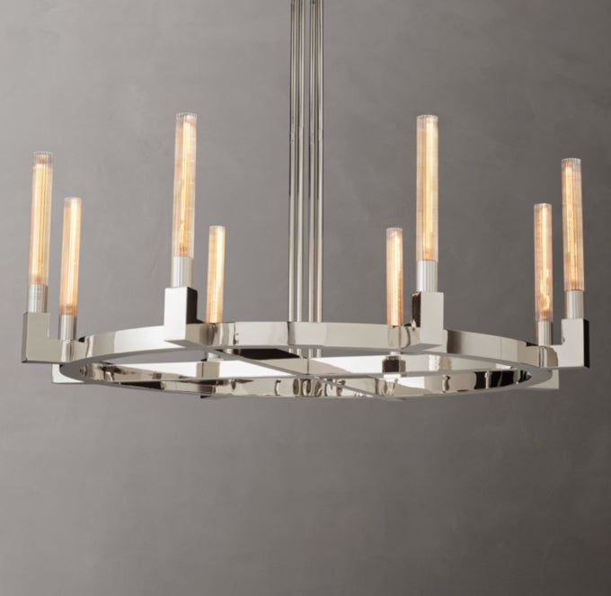 Ribbed Glass Brass Halo Chandelier