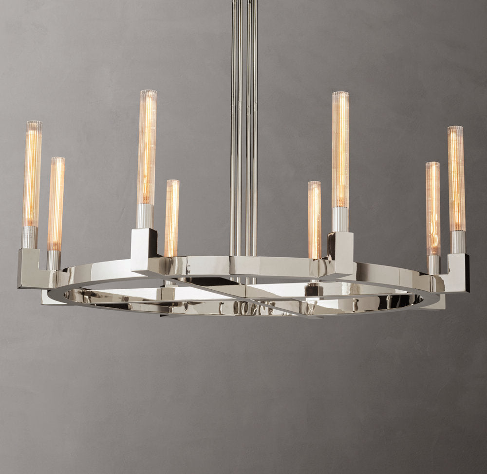 Ribbed Glass Brass Halo Chandelier
