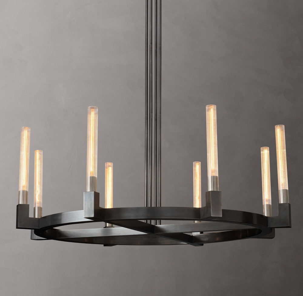 Ribbed Glass Brass Halo Chandelier