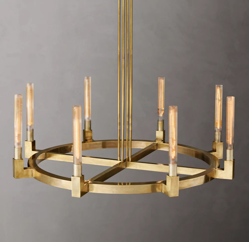 Ribbed Glass Brass Halo Chandelier