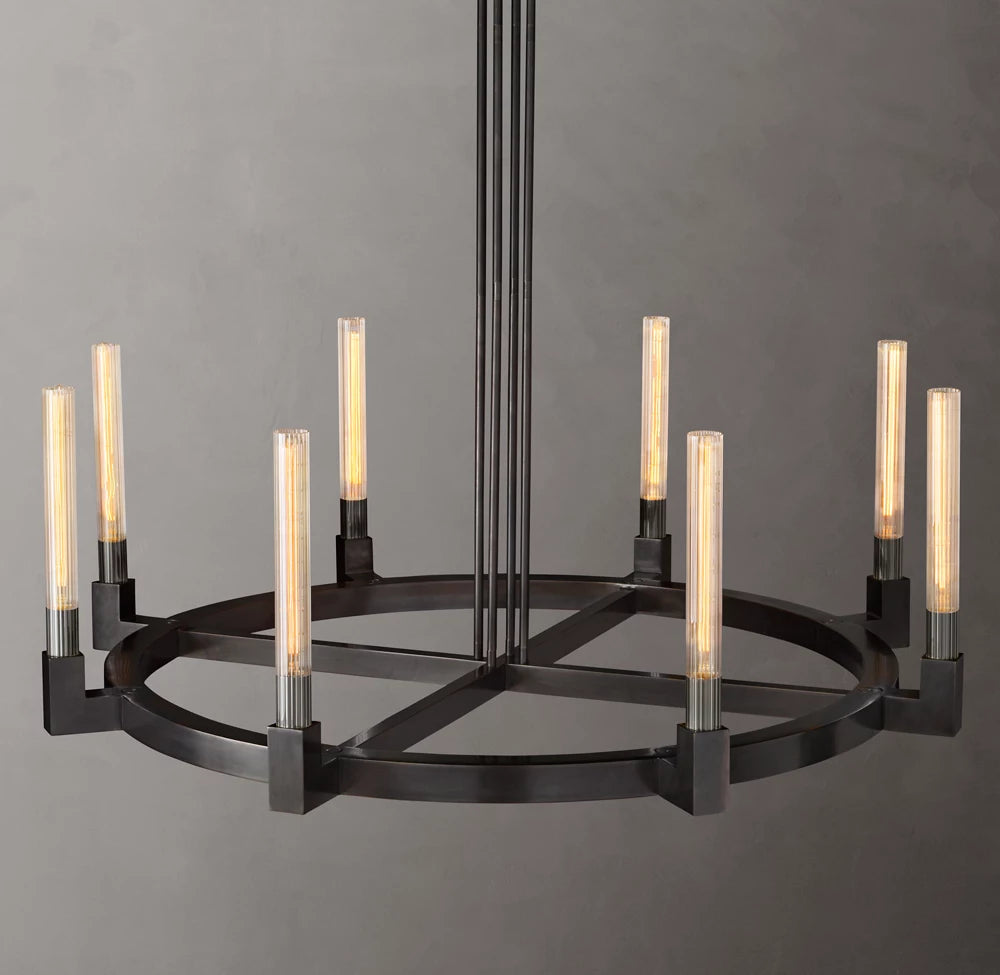Ribbed Glass Brass Halo Chandelier
