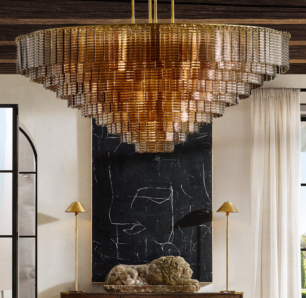 Smoke Cast Glass Panel Drum Chandelier